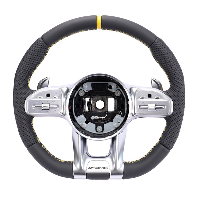 For Mercedes Benz Black Half Perforated Yellow Line Bring Back Positive Direction Sign Steering Wheel