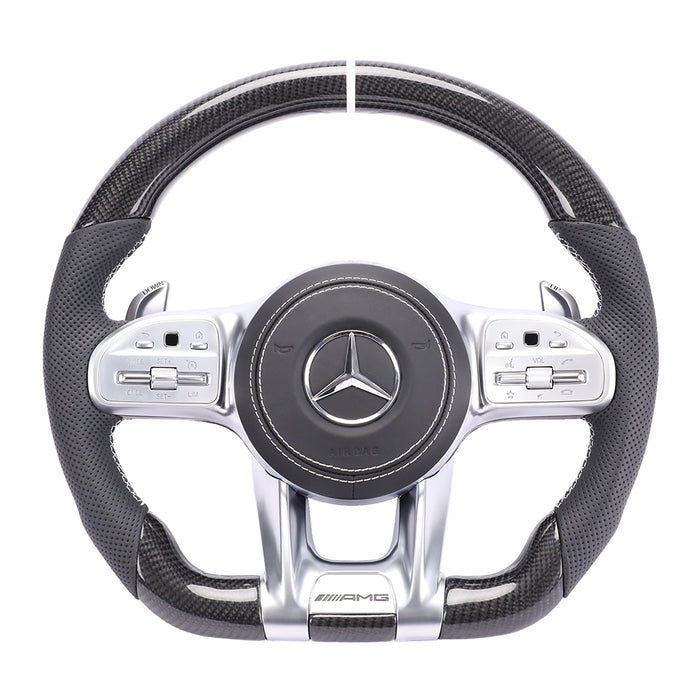 For Mercedes Benz black carbon fiber semi perforated white steering wheel alignment logo steering wheel
