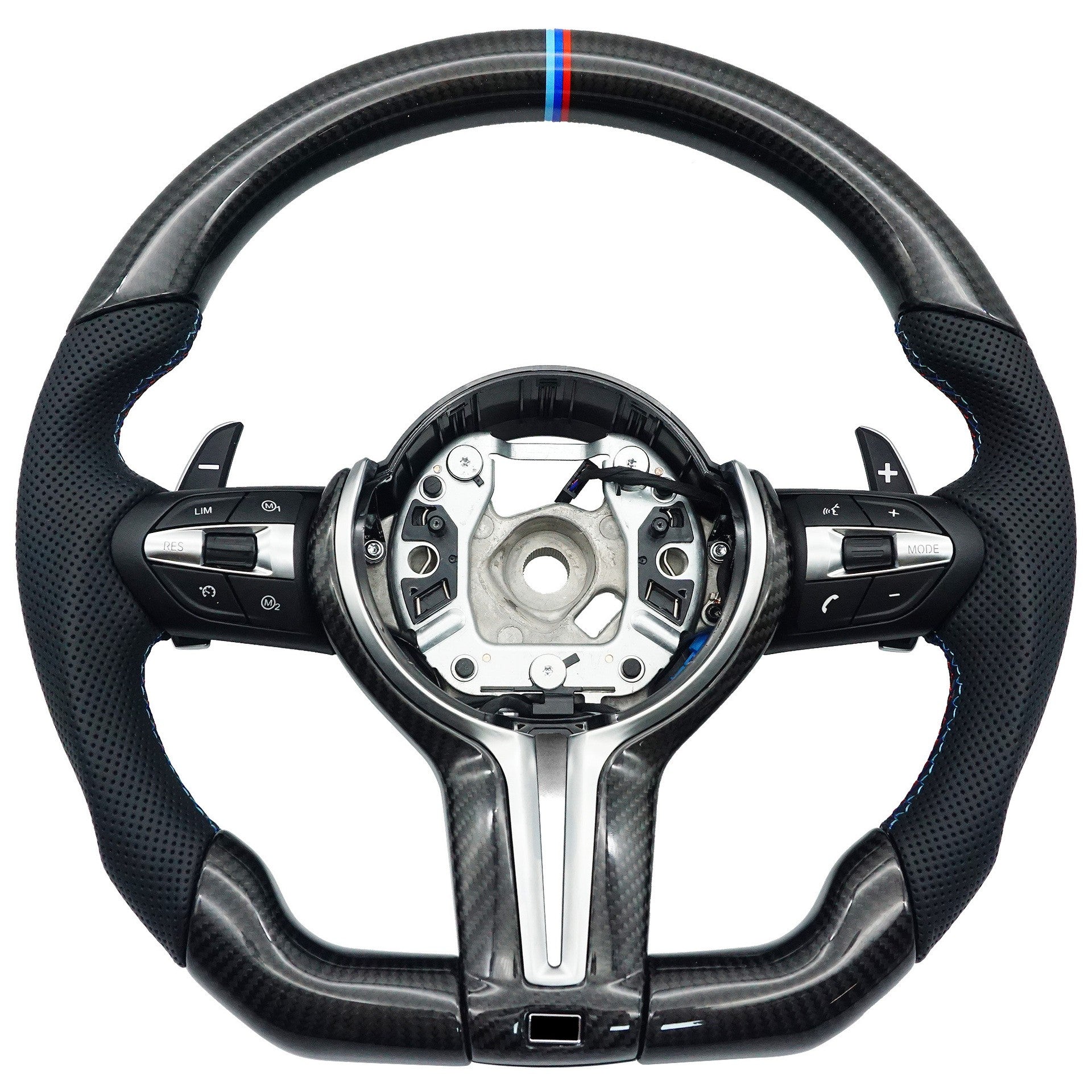 Suitable for BMW 3 Series thong carbon fiber tri color line, red blue tri color logo steering wheel