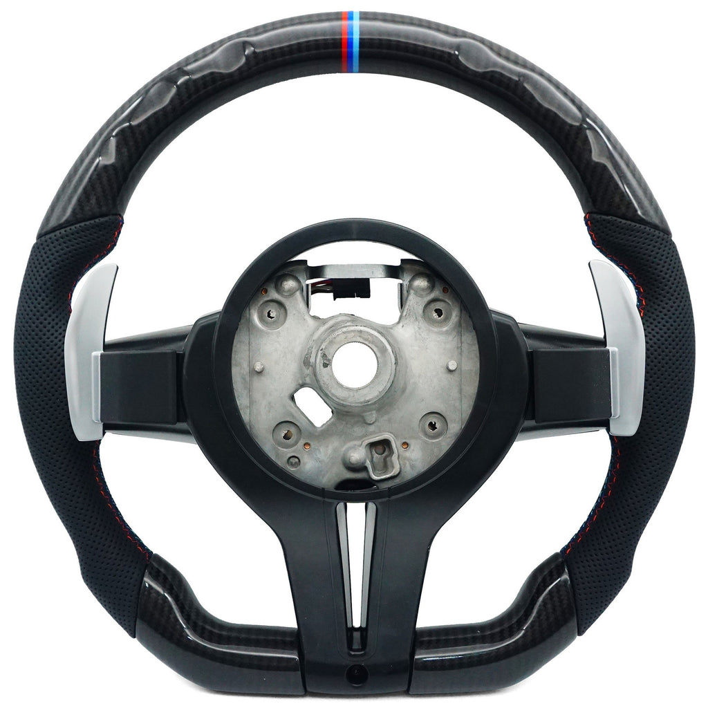 Suitable for BMW 5 Series thong carbon fiber baked paint black tri color stitching red blue tri color logo steering wheel