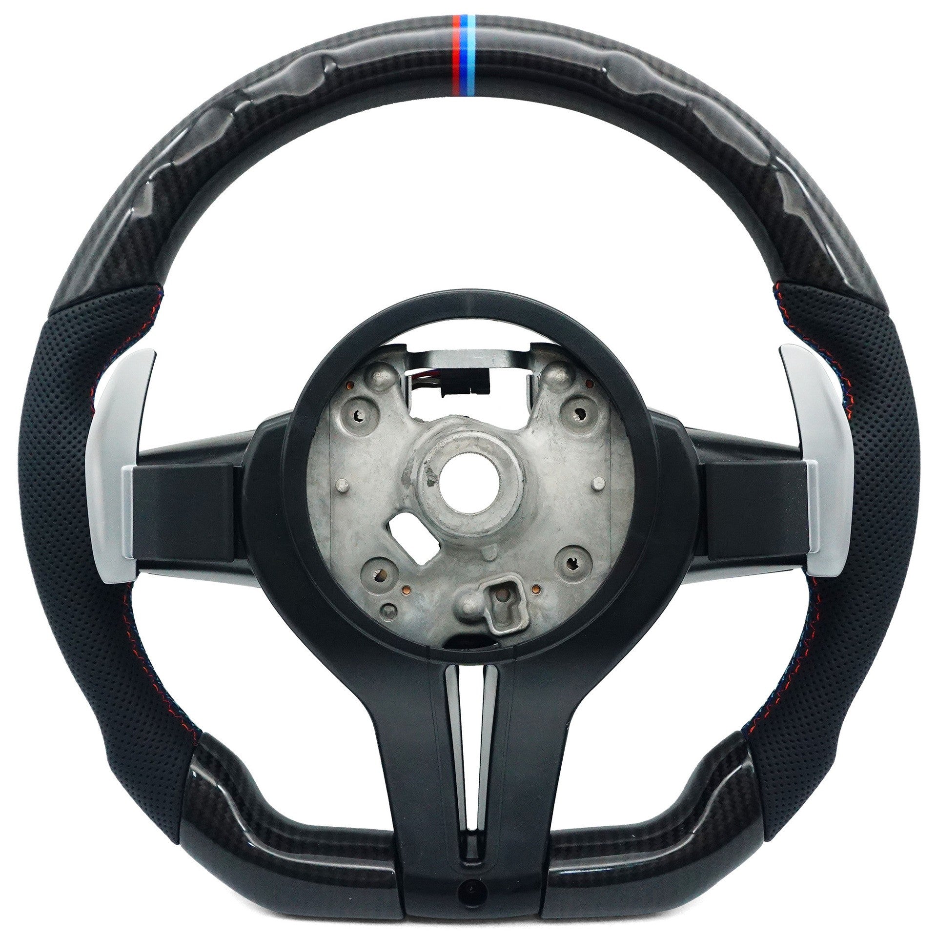 Suitable for BMW 5 Series thong carbon fiber baked paint black tri color stitching red blue tri color logo steering wheel