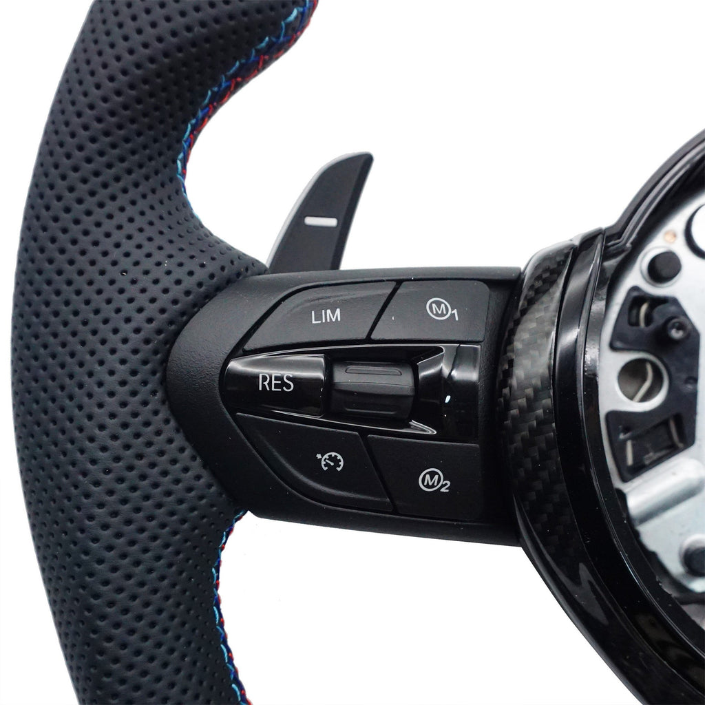 Suitable for BMW 5 Series thong carbon fiber baked paint black tri color stitching red blue tri color logo steering wheel