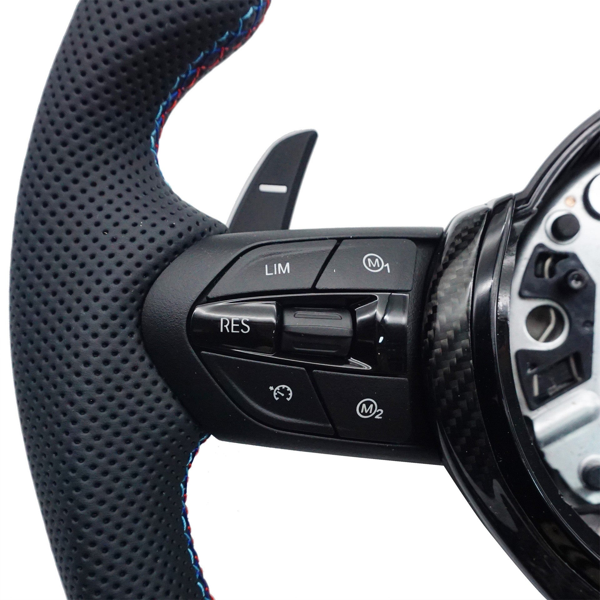 Suitable for BMW 5 Series thong carbon fiber baked paint black tri color stitching red blue tri color logo steering wheel