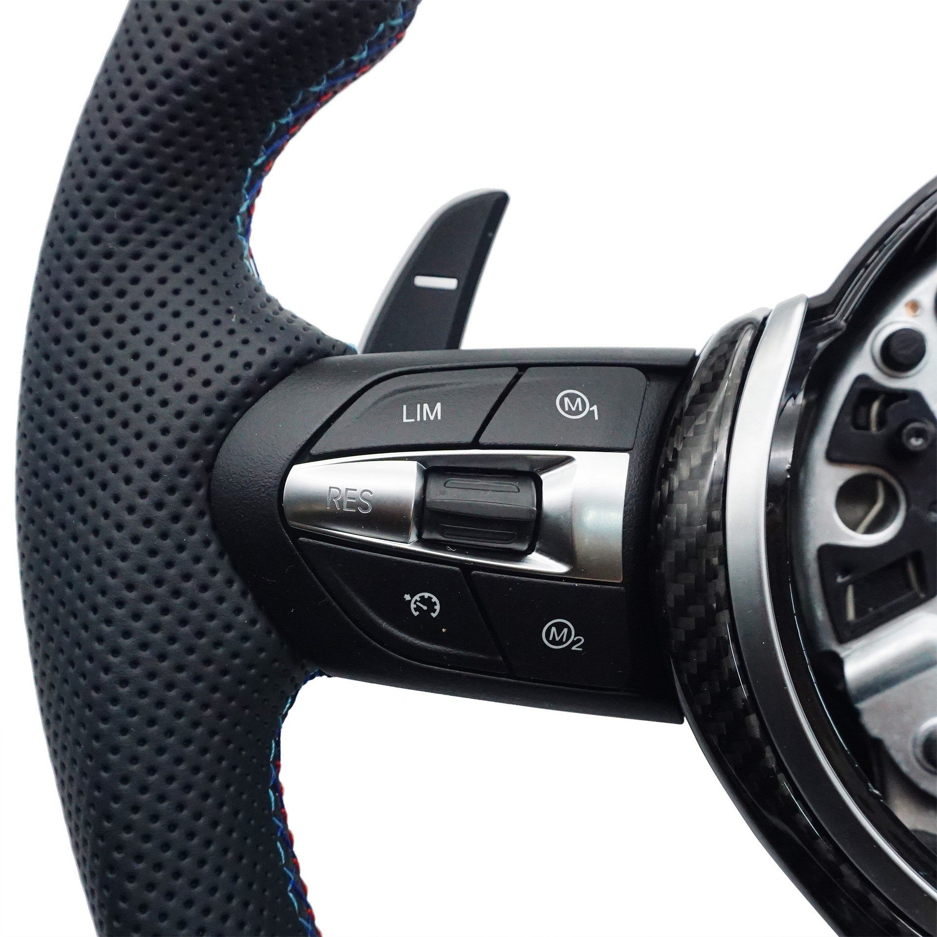 Suitable for BMW 3 Series thong carbon fiber tri color line, red blue tri color logo steering wheel