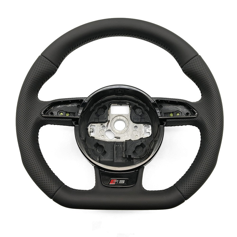 Suitable for Audi A4B8 leather black line semi perforated RS logo flat bottomed steering wheel Audi wheel bottom with button frame