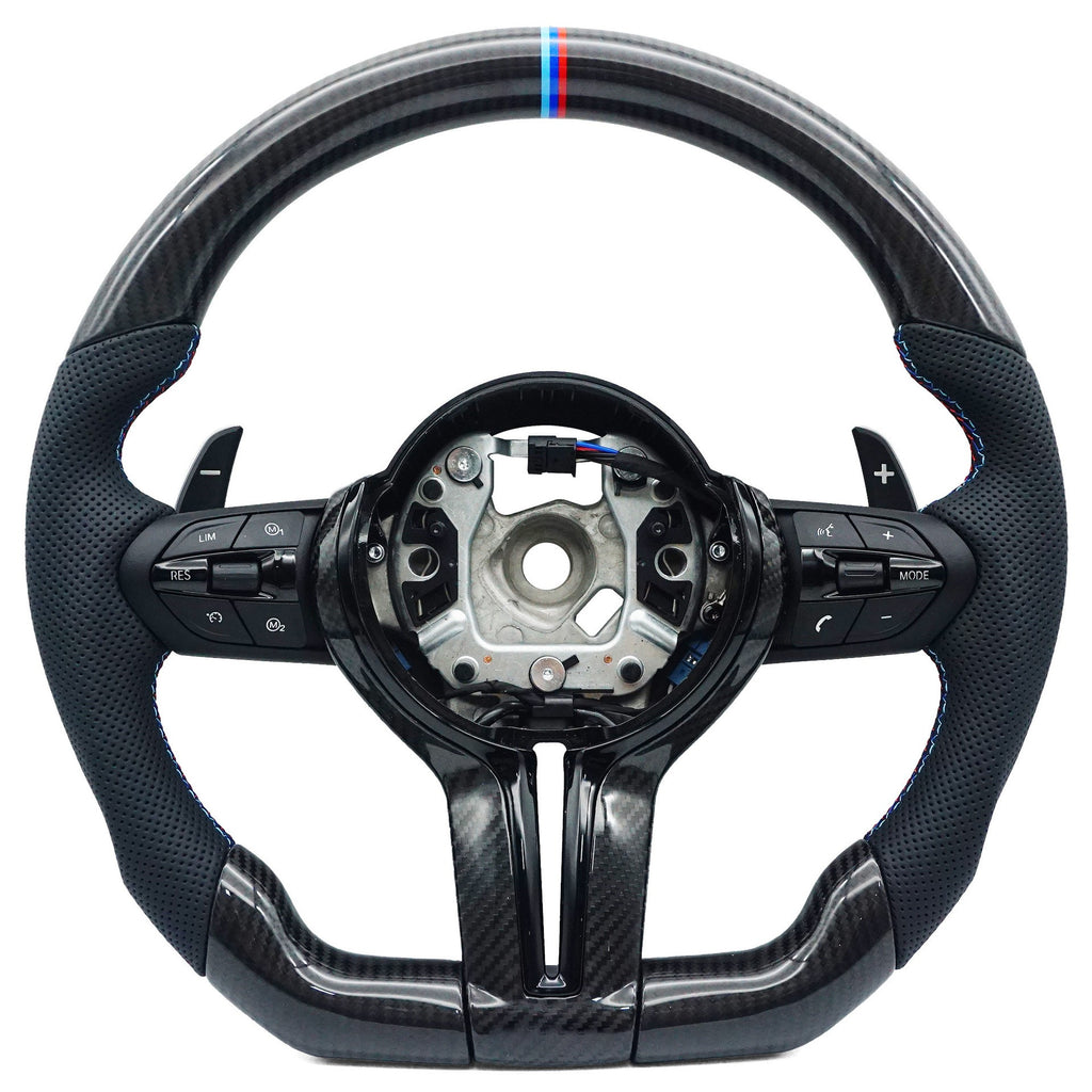 Suitable for BMW 5 Series thong carbon fiber baked paint black tri color stitching red blue tri color logo steering wheel