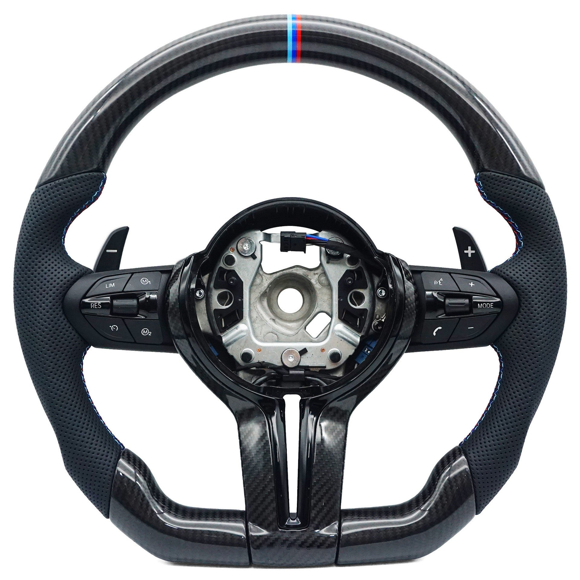 Suitable for BMW 5 Series thong carbon fiber baked paint black tri color stitching red blue tri color logo steering wheel